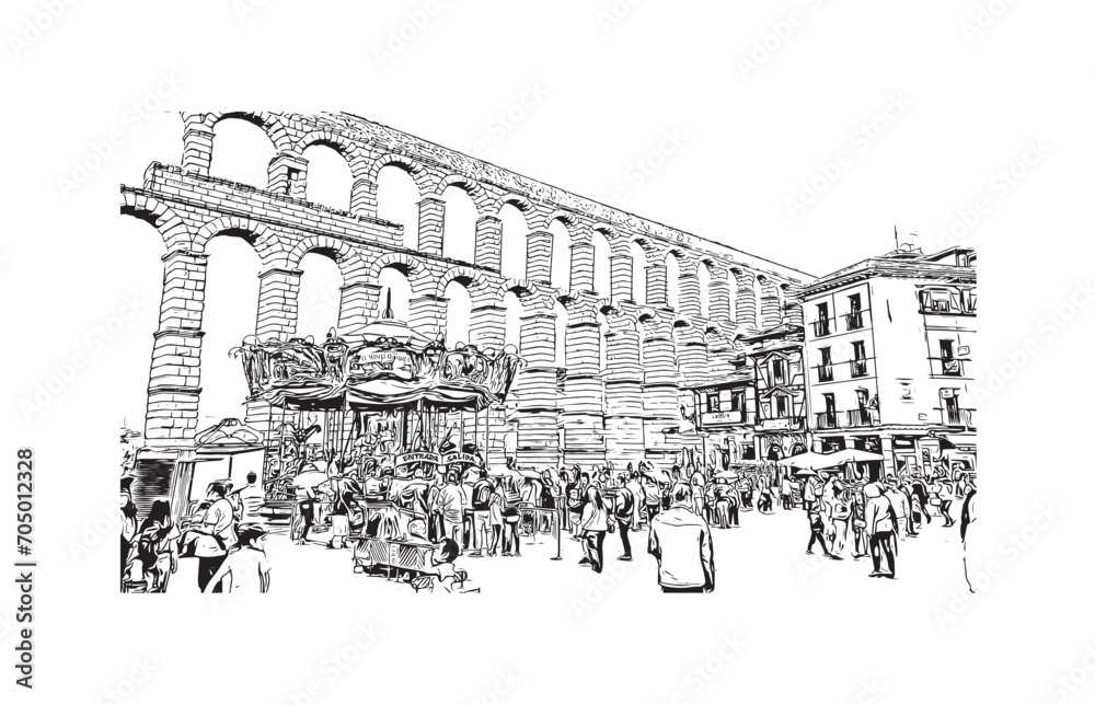 segovia city in spain. Hand drawn sketch illustration in vector.