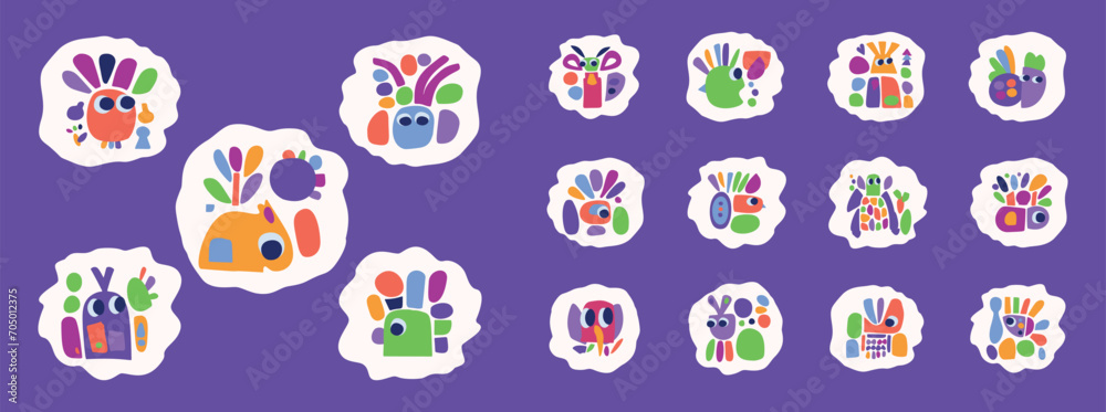 Simple creature and leaf illustration collection in bold style for kids fun graphic design. Whimsical colorful vector drawing in happy folklore style set of motifs. Simple creature and leaf illustration collection in bold style for kids fun graphic design. Whimsical colorful vector drawing in happy folklore style set of motifs.