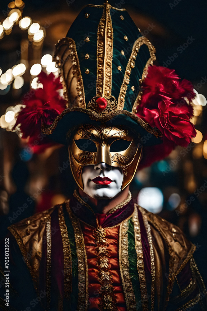 man with a golden venetian carnival mask and rich ornate costume