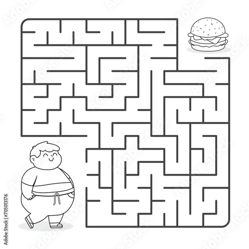 Vector Maze game for kids. Coloring book. A cartoon fat boy is trying to get to a sandwich through a maze. Funny puzzle game for kids.