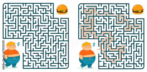 Vector Maze game for kids. Maze with a solution. A cartoon fat boy is trying to get to a sandwich through a maze. Funny puzzle game for kids.
