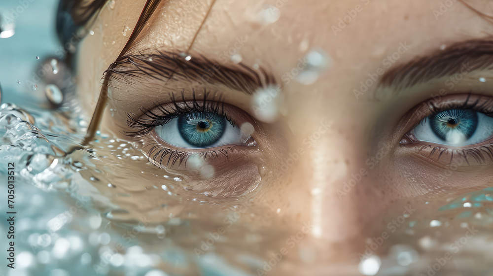 Female eyes peering out of the clear water. Creative concept of moisturizing eye drops, cosmetics with moisturizing effect, artesian water.