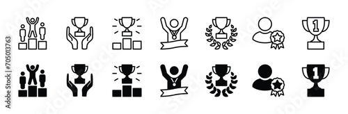 Winner or victory icon set. Award or reward icons. Achievement and success. Containing trophy, medal, podium, laurel, and badge icon symbol. Vector illustration