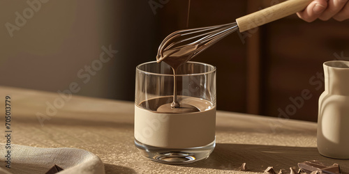 Preparing coffee, pour the liquid chocolate from the mixer whisk into an empty glass. Whipped Dalgona or Macau Coffee with chocolate. Preparation of a sweet hot drink, recipe. photo