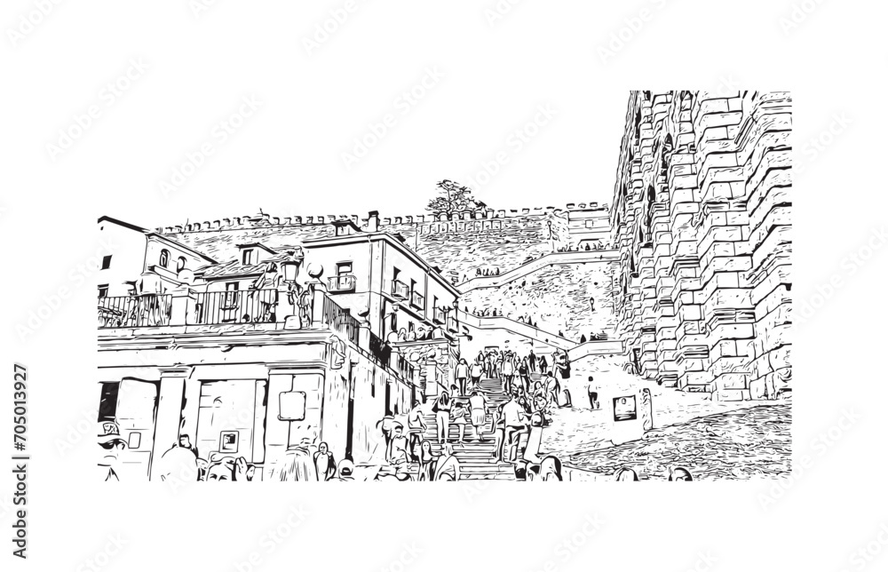 segovia city in spain. Hand drawn sketch illustration in vector.