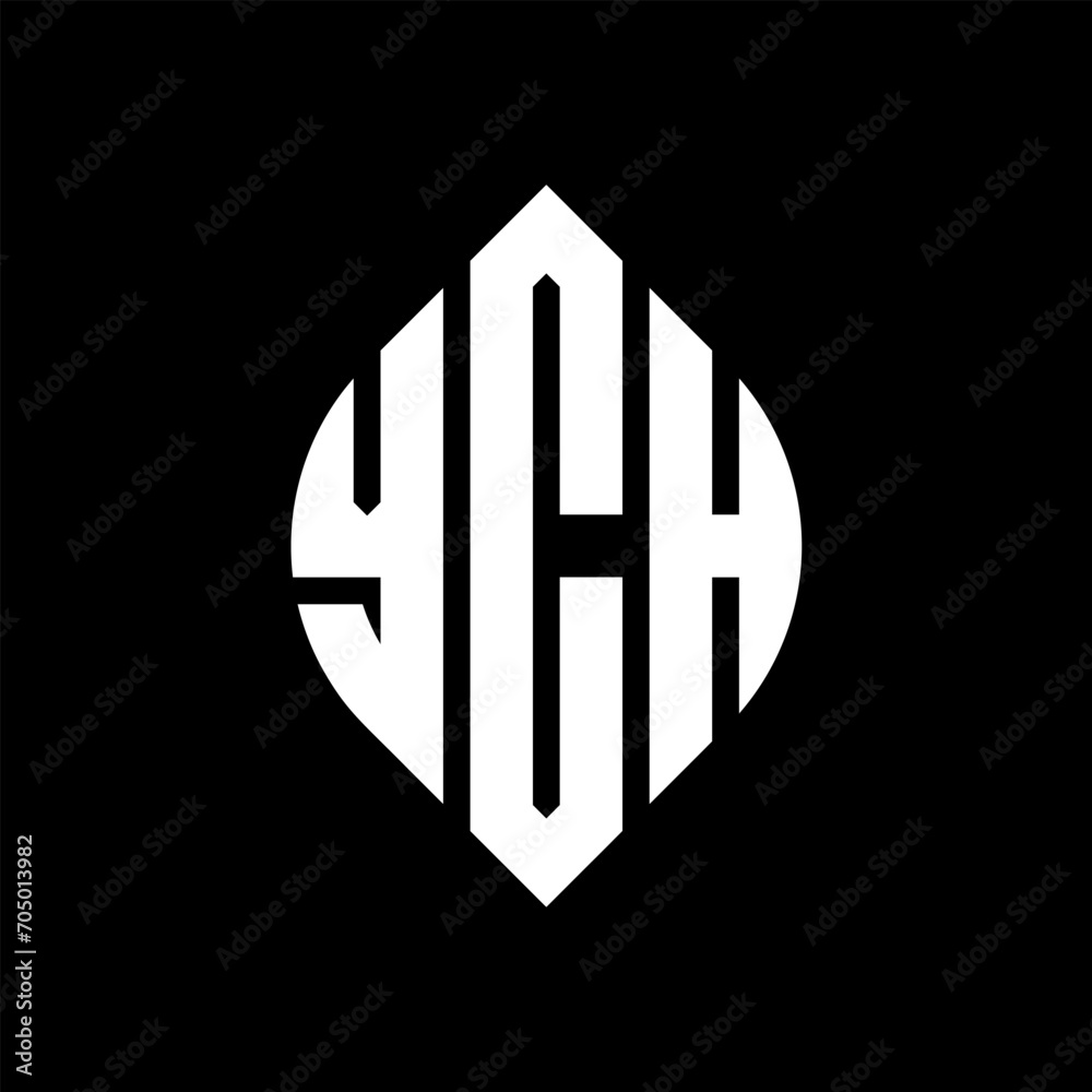 YCH circle letter logo design with circle and ellipse shape. YCH ellipse letters with typographic style. The three initials form a circle logo. YCH circle emblem abstract monogram letter mark vector.