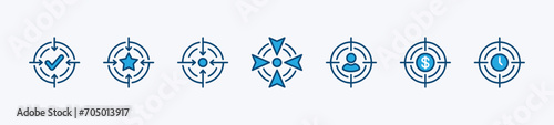 Success aiming icon set. Successful business, people, finance, time, and goal target icon symbol. Vector illustration