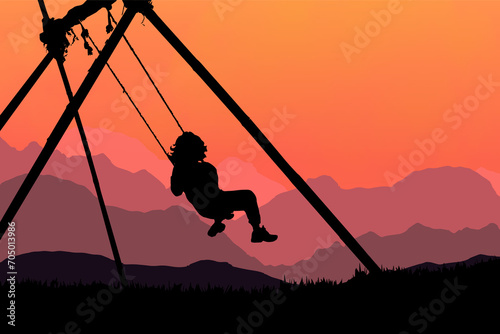 Silhouette of a child on a swing at sunset  illustration. Child swinging  silhouette. Freedom concept.
