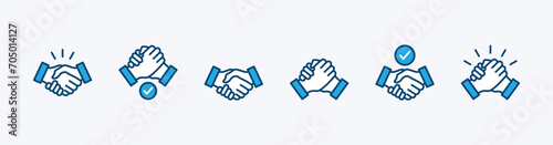 Handshake icon set. Business agreement handshake or friendly handshake icon with check mark symbol for apps and websites. Vector illustration