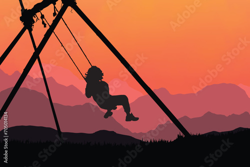 Silhouette of a child on a swing at sunset, vector illustration. Child swinging, silhouette vector.
Freedom concept.