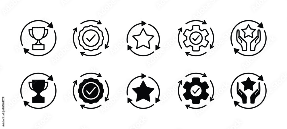 Circle arrows rotating icon with trophy, star, badge medal, and gear settings. Containing process, refresh, reload, and recycle for successful business achievement. Vector illustration