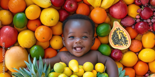 Fototapeta Naklejka Na Ścianę i Meble -  Top view of a smiling african baby lying in a pile of fresh different fruits. Creative concept of the benefits of fresh fruits for children's health, proper nutrition.