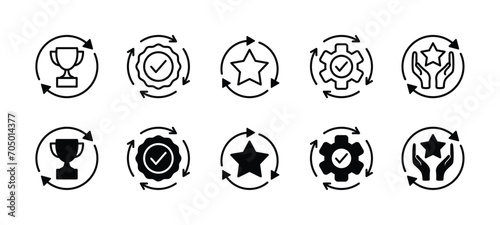 Circle arrows rotating icon with trophy, star, badge medal, and gear settings. Containing process, refresh, reload, and recycle for successful business achievement. Vector illustration