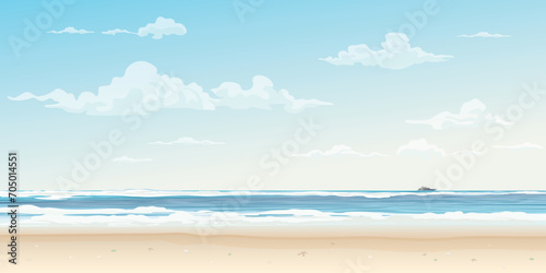 White sand beach and tropical blue sea vector illustration. Summer concept flat design have blank space.