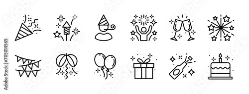 Celebration icon set. Containing confetti, fireworks, star, people, gift box, festive flag, balloon, cheer glass, and beer bottle for happy new year, christmas, party, birthday. Vector illustration