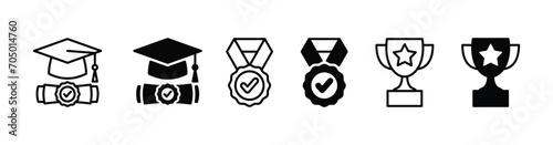 Graduation icon set. Graduation hat icon. Academic or student cap and diploma with certificate, trophy, and badge medal. Vector illustration