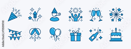Celebration, happy new year, christmas, party, and birthday icon set. Containing confetti, fireworks, star, people, gift box, festive flag, balloon, cheer glass, and beer bottle. Vector illustration