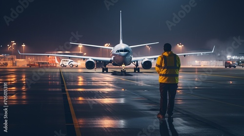 Airport worker standing in front of the large airplane