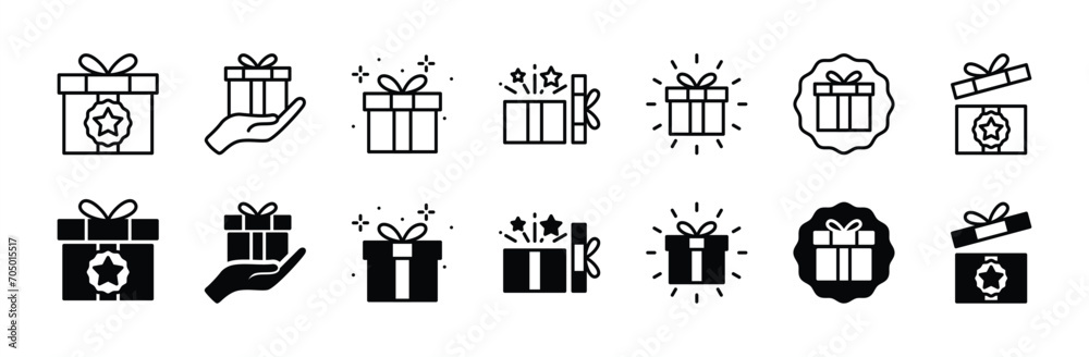 Gift box icon set. Present gift box tied, open, and sparkle for christmas, birthday, valentine, wedding event, party, celebration, and achievement success. Vector illustration - obrazy, fototapety, plakaty 
