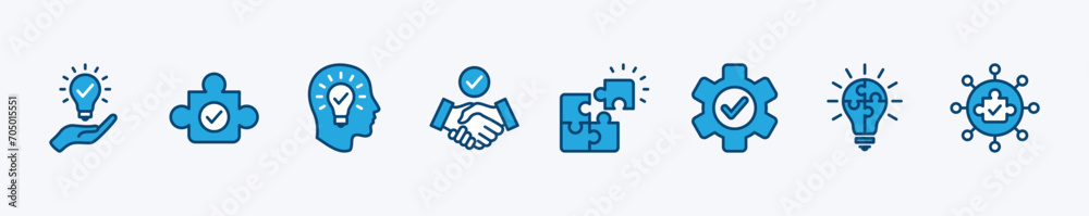 Creative business solutions icon set. Innovation, Inspiration, and idea icon symbol. Contains hand with lightbulb, puzzle, handshake, and gear with check mark. Vector illustration Creative business solutions icon set. Innovation, Inspiration, and idea icon symbol. Contains hand with lightbulb, puzzle, handshake, and gear with check mark. Vector illustration