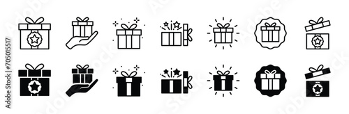 Gift box icon set. Present gift box tied, open, and sparkle for christmas, birthday, valentine, wedding event, party, celebration, and achievement success. Vector illustration photo