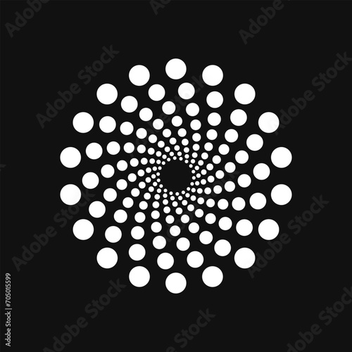 Halftone point vortex on dark. Abstract futuristic digital technology logo element. Vector geometric shape.