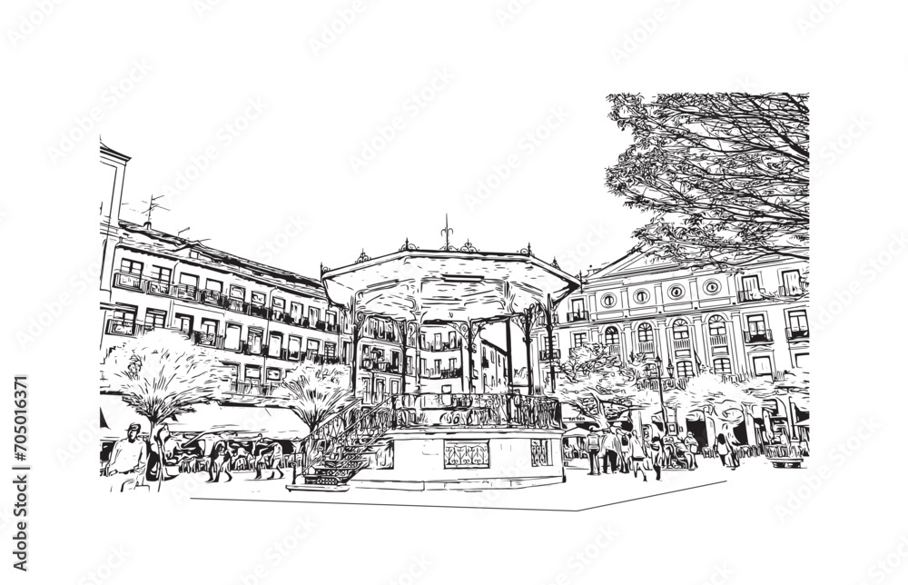 segovia city in spain. Hand drawn sketch illustration in vector.
