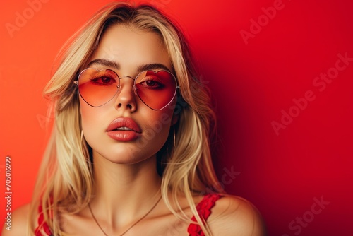 Blonde woman in heart shaped sun glasses close up portrait, red background, retro vibes for Valentines Day