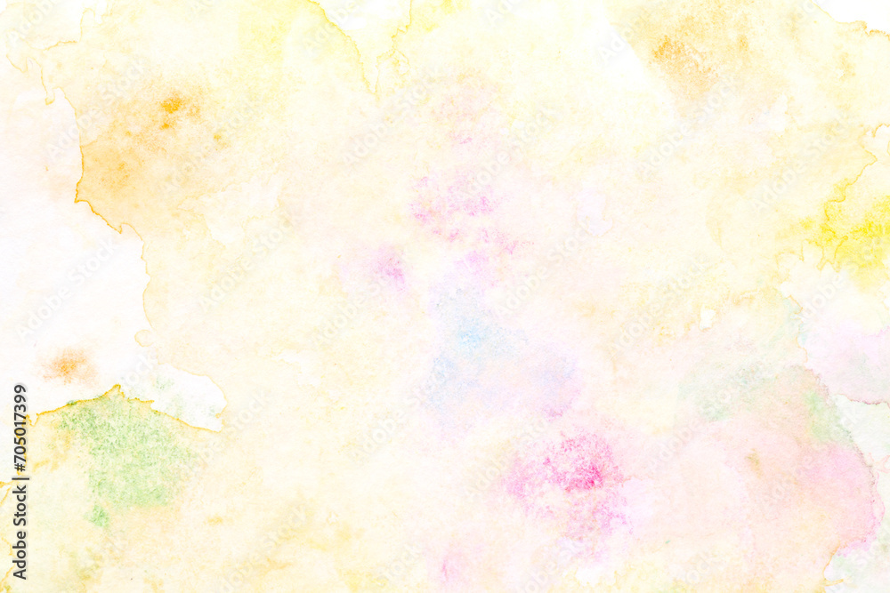 Abstract liquid art background. Yellow watercolor translucent blots on white paper.