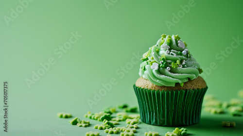 St. Patrick's Day homemade cupcakes with green whipped cream and chocolate sprinkles. Generative AI