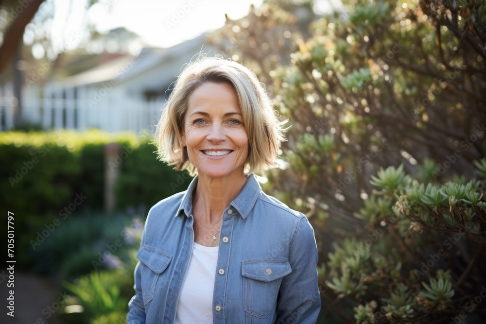 Portrait of smiling mature woman standing in garden and looking at camera Portrait of smiling mature woman standing in garden and looking at camera