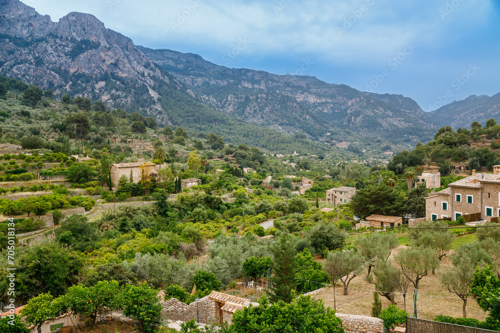 Picturesque valley in Tramuntana mountains near village Fornalutx in Mallorca