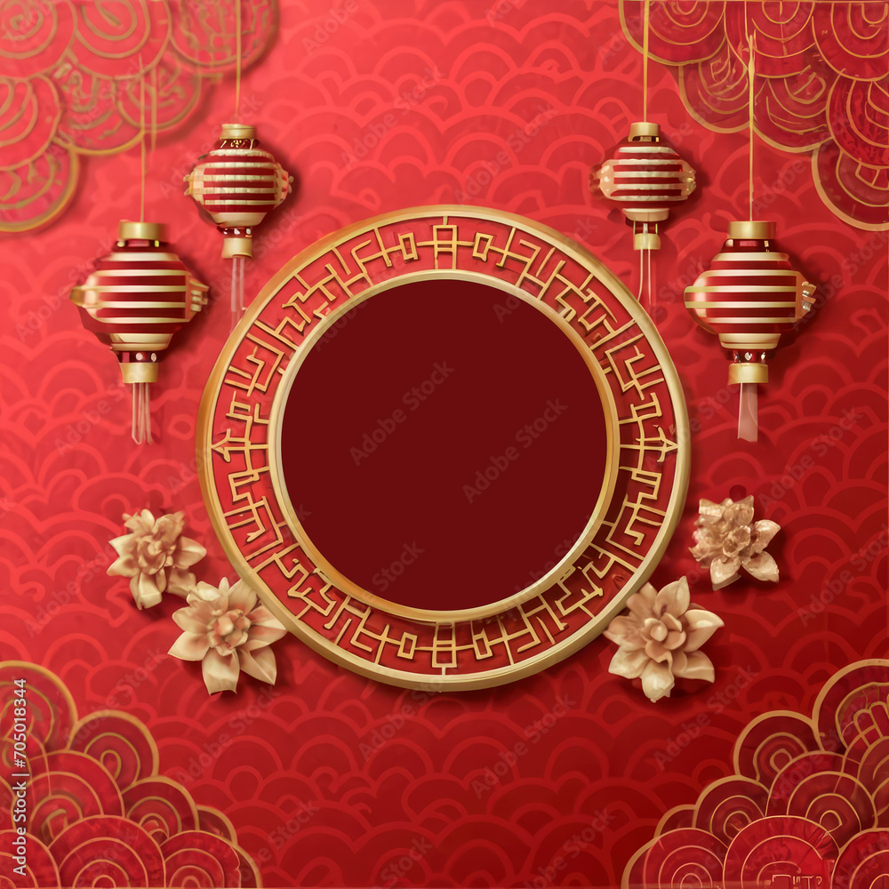 Chinese New Year Decoration on Red Background with Copy Space, Embracing the Spring Festival Spirit
