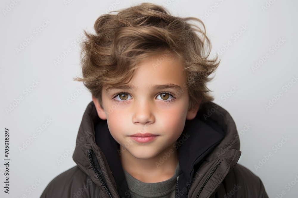 Closeup portrait of a cute little boy with curly hair in a black jacket Closeup portrait of a cute little boy with curly hair in a black jacket