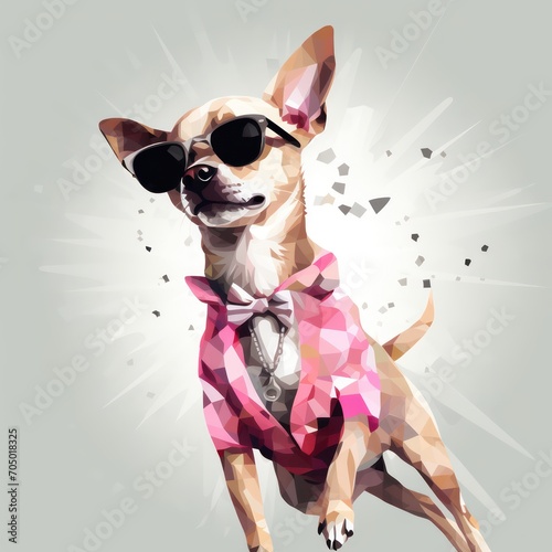 A dog wearing sunglasses and a pink shirt
 photo