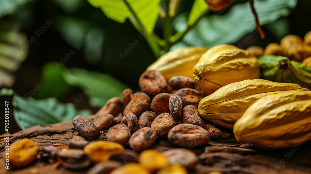 Dried yellow cocoa beans with fresh pods on wooden table with cocoa plant background. Generative AI