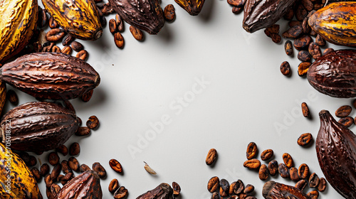Chocolat Day Concept. Frame made of fresh cocoa fruits and beans on white background. Generative AI photo