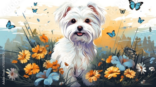 A white dog sitting in a field of flowers