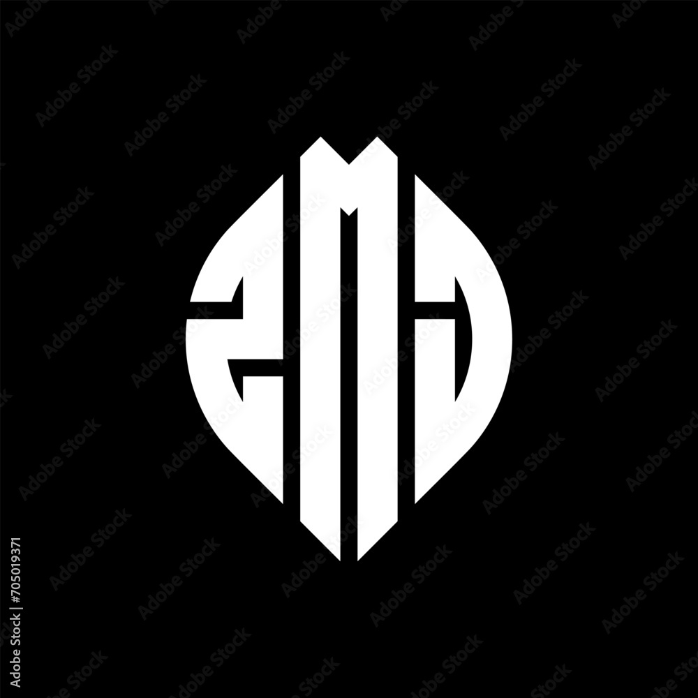 ZMJ circle letter logo design with circle and ellipse shape. ZMJ ellipse letters with typographic style. The three initials form a circle logo. ZMJ circle emblem abstract monogram letter mark vector.