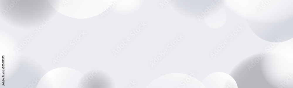 Soft grey spheres background. Abstract light floating bubbles and balls wallpaper. Gray blurred gradient circles backdrop. Horizontal design template for banner, poster, presentation, brochure. Vector
