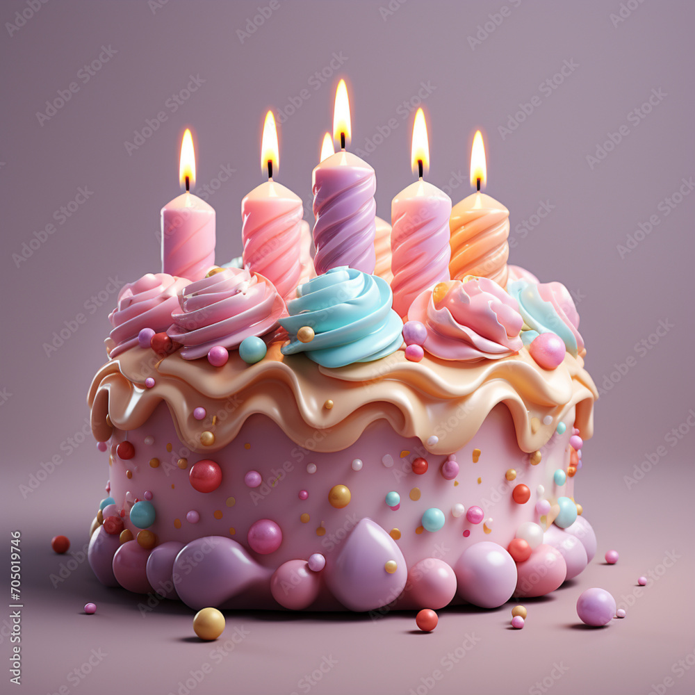 3D birthday cake with candles and decorations. Surprise party. Festive food. Pastel color. Cartoon creative design icons. 3D rendering