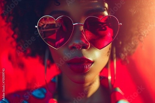 black woman in heart shaped sun glasses close up portrait, red background, retro vibes for Valentines Day