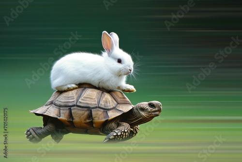 White rabbit riding on turtle's back