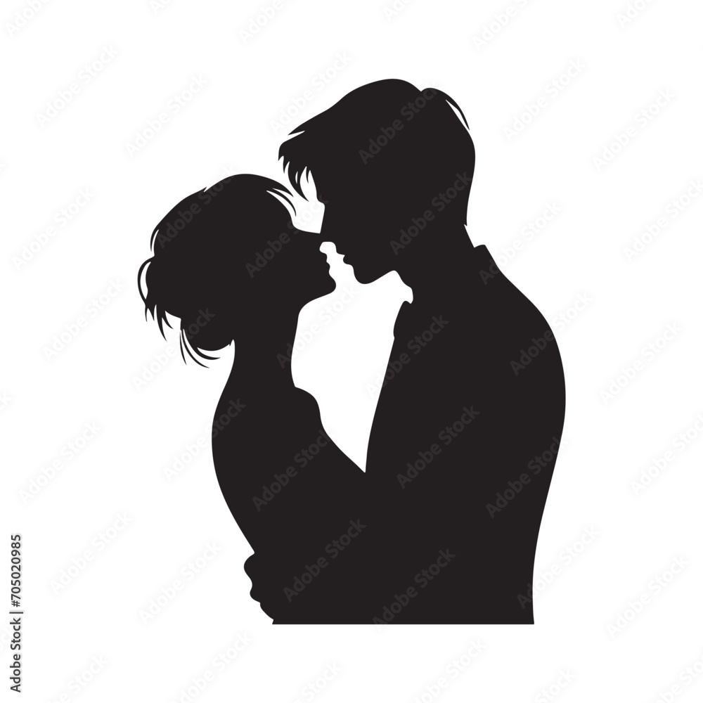 Starlit Love Kiss Bliss Silhouette: Mesmerizing Couple Kissing Stock - Valentine Day Black Vector Stock
