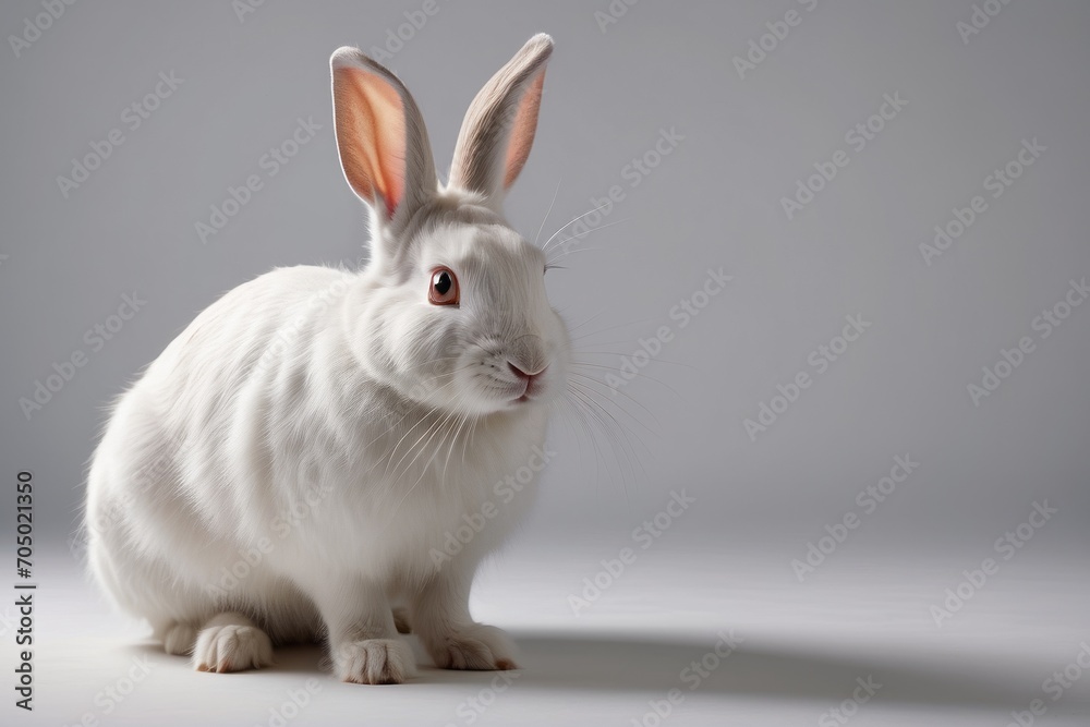 A close-up shot of a white fluffy rabbit on a gray background with a copy space. Spring, Easter, animal concepts.
