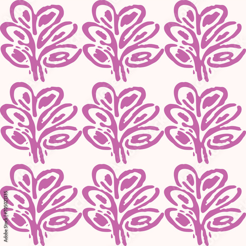 Linocut rural purple floral folkart seamless vector pattern for block print nature design. Icon of hand drawn quirky plant sprig illustration in tiled background for scandi naive graphic swatch.