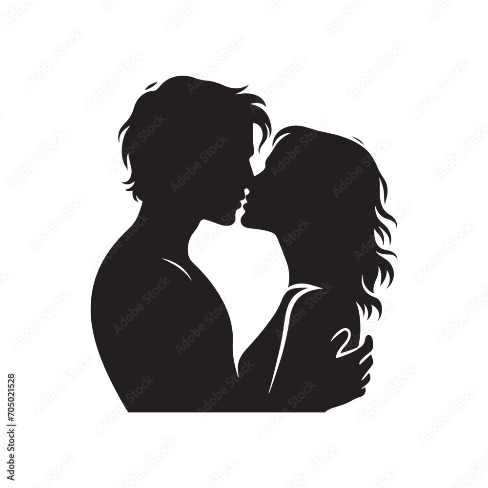 Romantic Night Kiss Harmony Silhouette: Mesmerizing Couple Kissing Stock - Valentine Day Black Vector Stock

