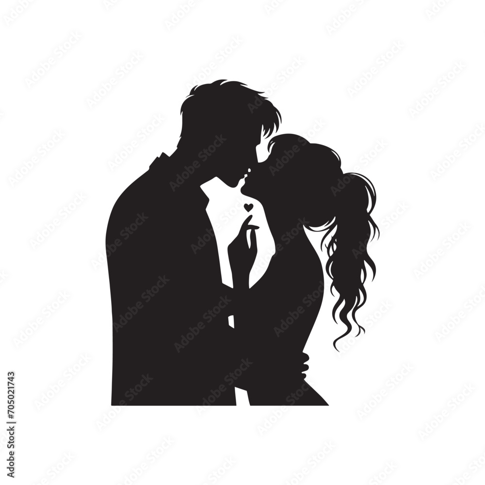 Starry Kiss Harmony Silhouette: Enchanting Couple Kissing Stock - Valentine Day Black Vector Stock
