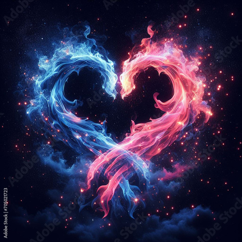 Fiery heart. Twin flame logo. Esoteric concept of spiritual love. Illustration on black background for web sites, wallpapers and much more. Created using generative ai tools.