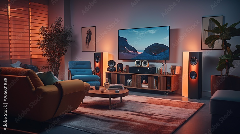 A cozy home entertainment setup with a large TV and high-fidelity speakers in a room enhanced by ambient lighting and stylish interior design.
 - obrazy, fototapety, plakaty 